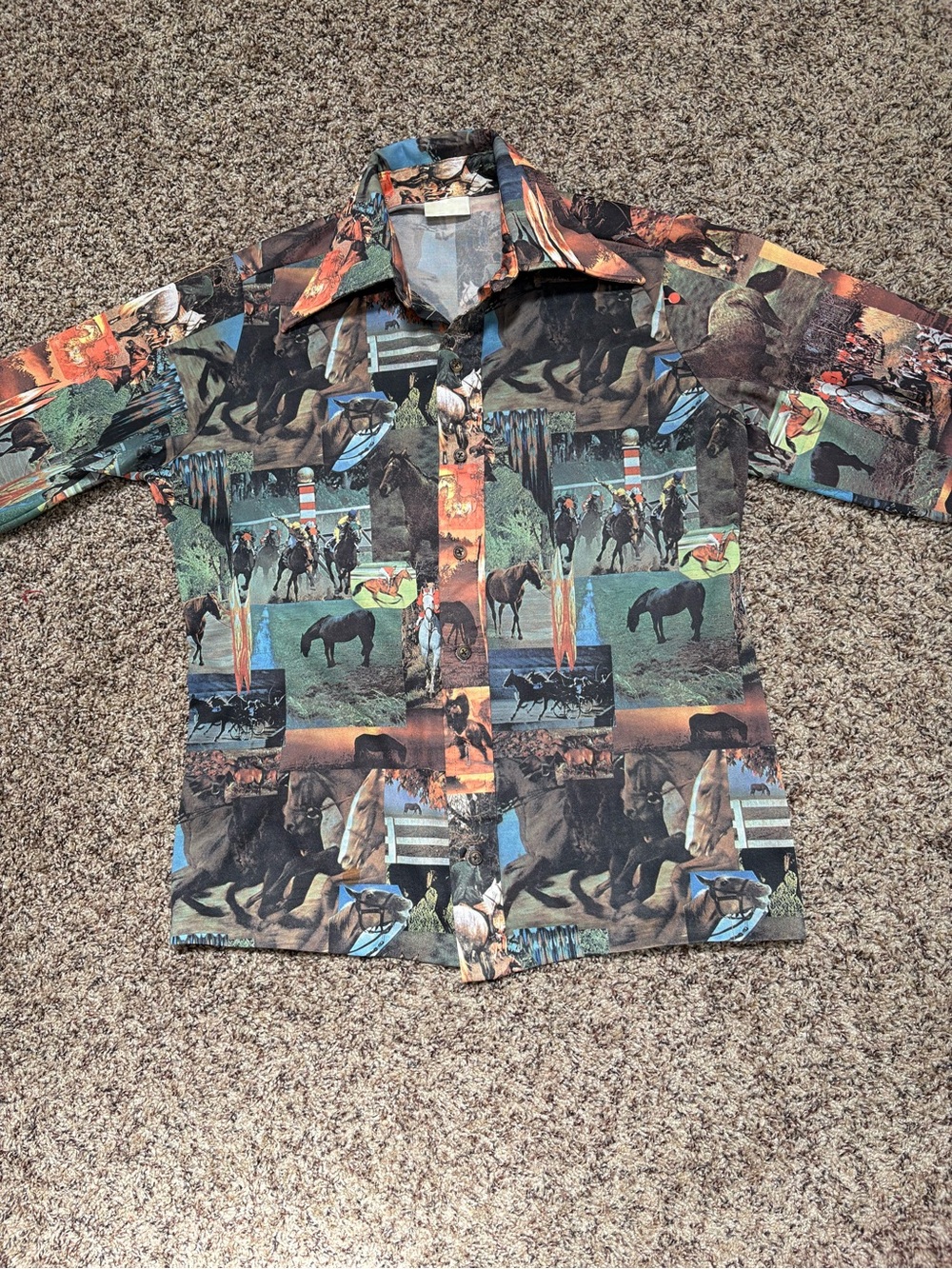 Vintage Men's Casual Horse Print Button-Down Polyester Shirt Multi-Color Disco